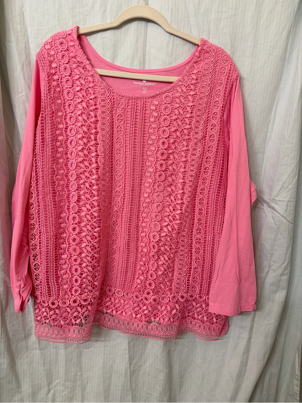 Woman Within Pink Crochet-Front Long Sleeve Tunic
